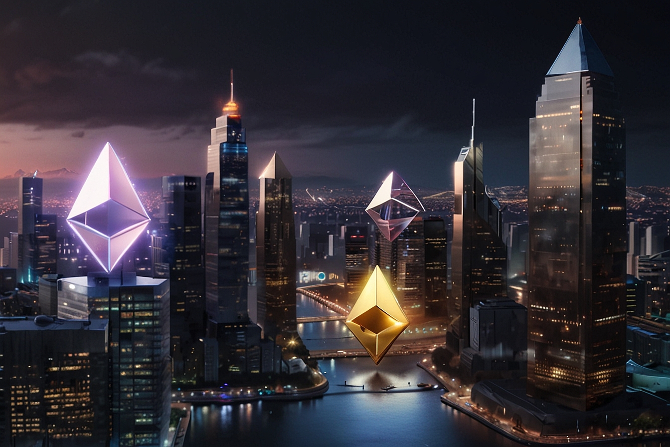 animated Ethereum logo surrounded by various real-world assets