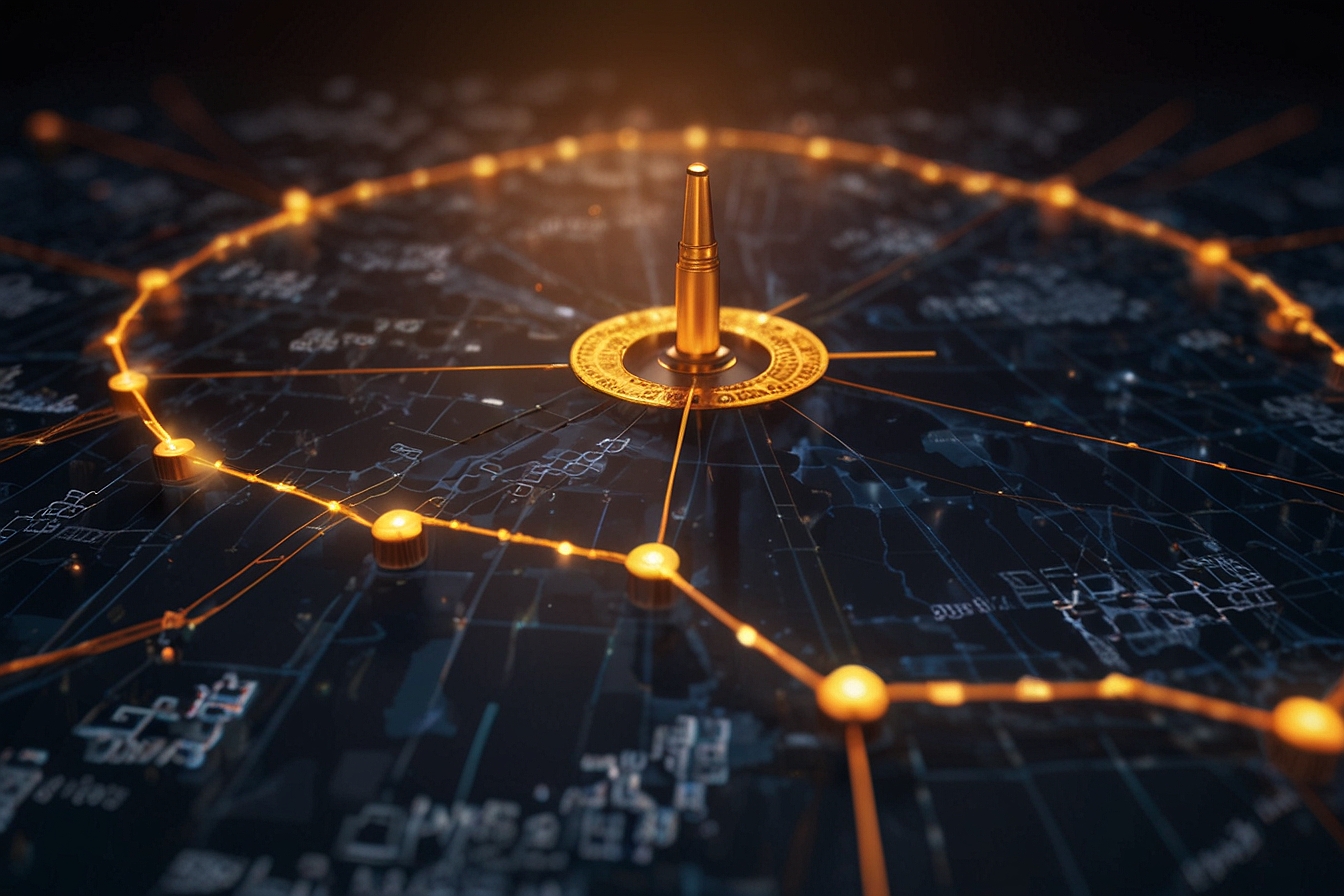 animated compass overlaid on a digital map of the blockchain,
