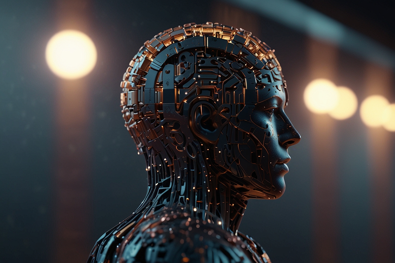 3D animation of a generative AI brain interface with digital neurons, morphing into a shield of encryption