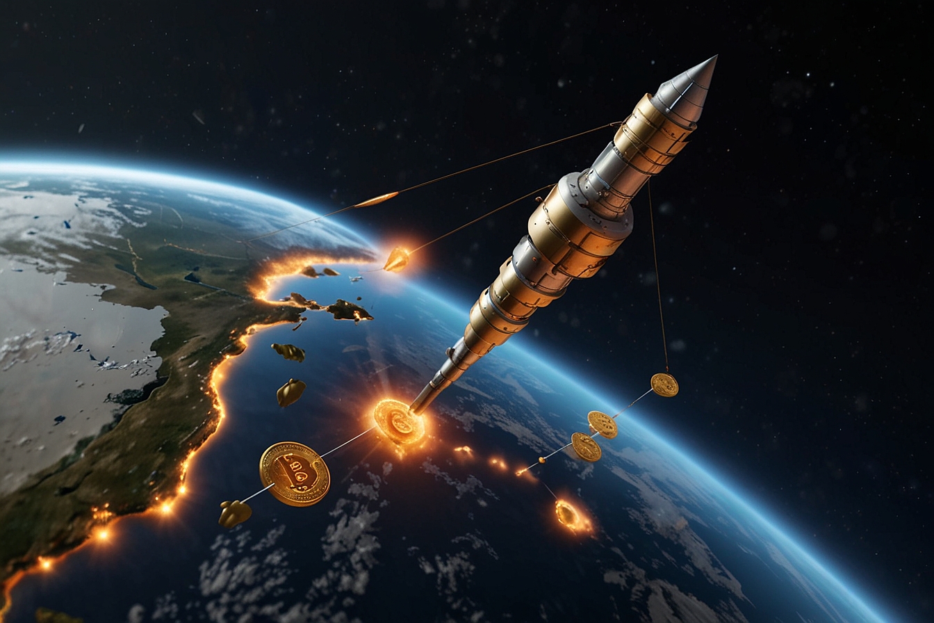3D animation of crypto coins funneling into satellite uplinks