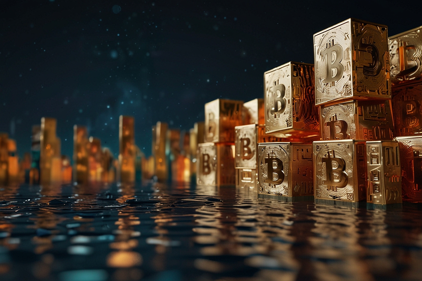  flowing stream of Bitcoin blocks, each engraved with unique ordinals