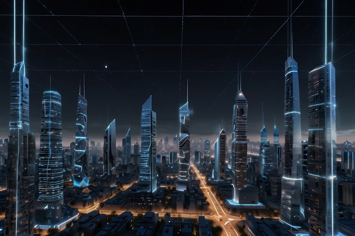 A futuristic cityscape animation with self-sustaining buildings