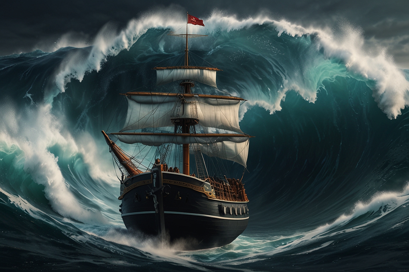 ship steering through towering waves, transforming into graph lines of change