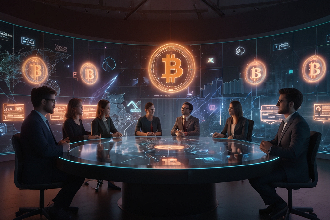 animation of a futuristic roundtable, with holographic Bitcoin ordinals floating above, and avatars of experts projecting trends and graphs.