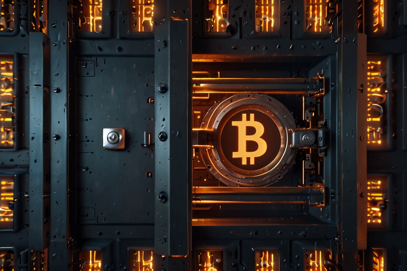 animation of a digital vault overflowing with glowing Bitcoin ordinals