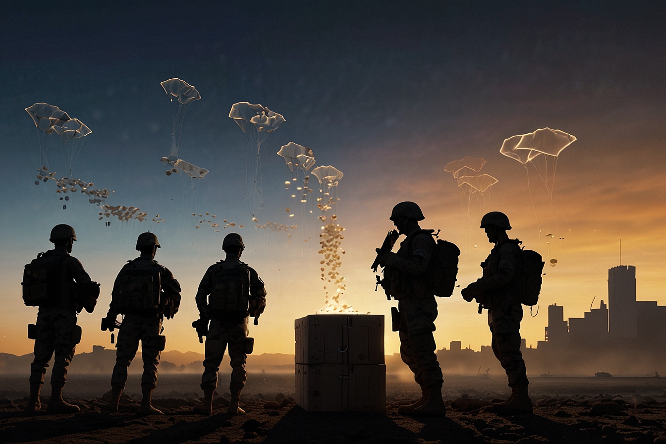 3D silhouettes of soldiers receiving airdropped supplies paid for in cryptocurrency