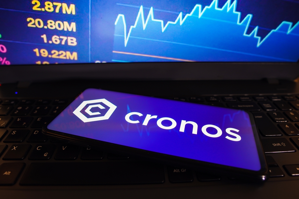 In this photo illustration, the Cronos (CRO) logo is displayed on a smartphone screen