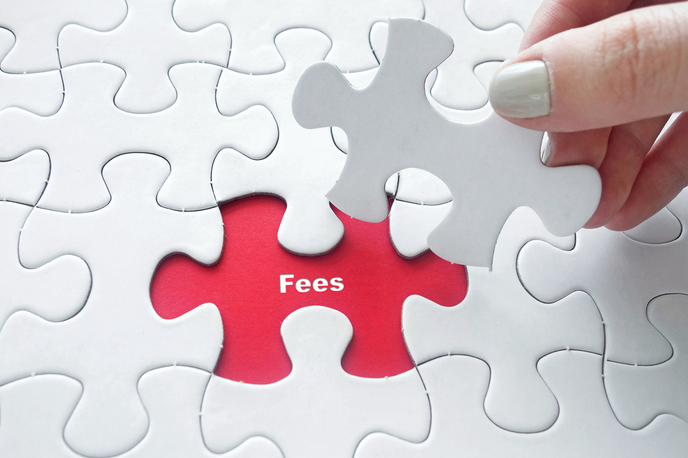 Close up of girl's hand placing the last jigsaw puzzle piece with word Fees