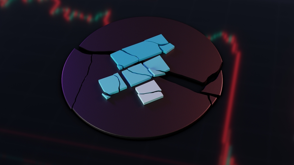 3D rendering of FTT token in pieces to depict the failure of the FTX exchange.
