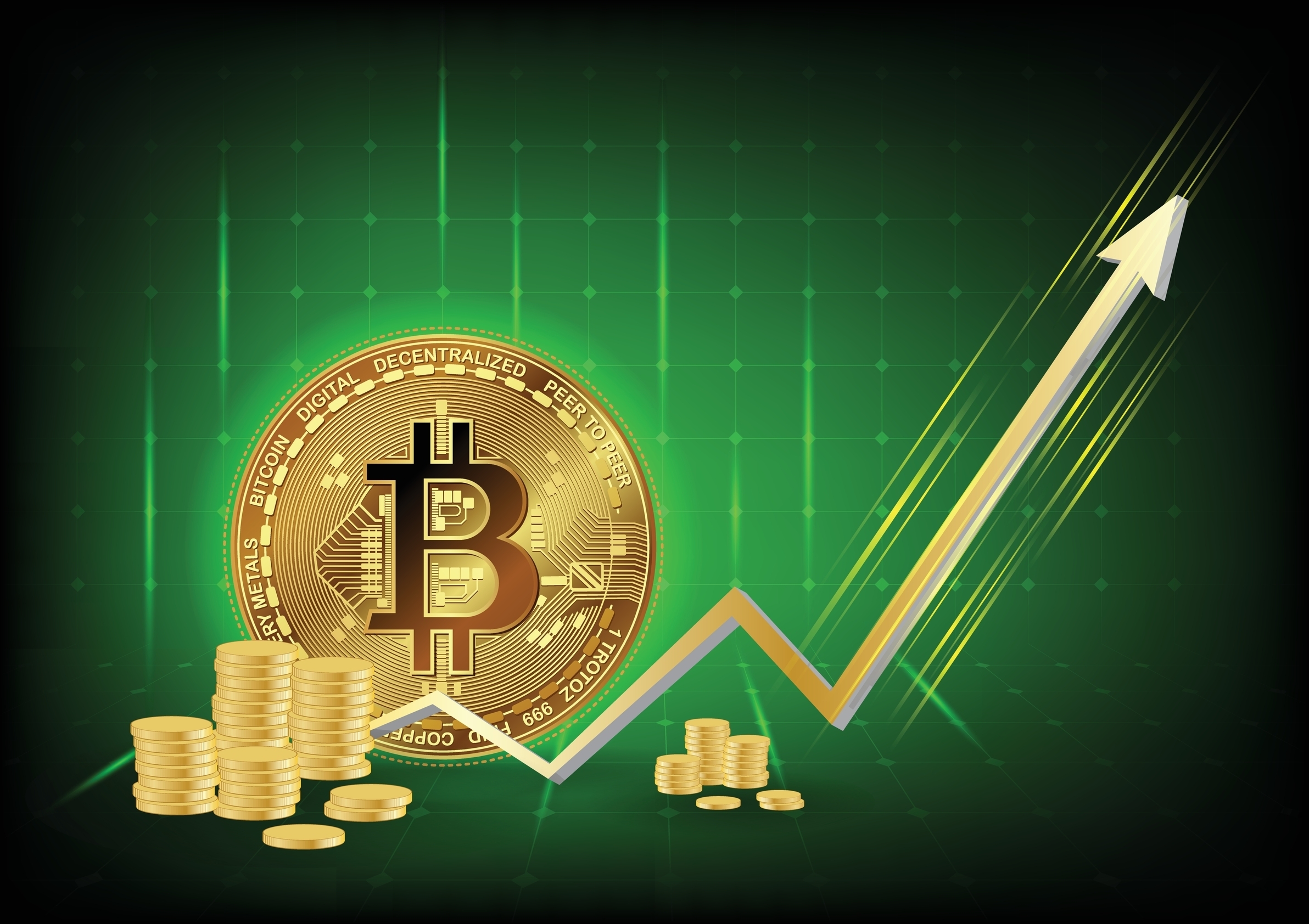 Golden bitcoin with circuit patterns surface. Gradient background deep green. 