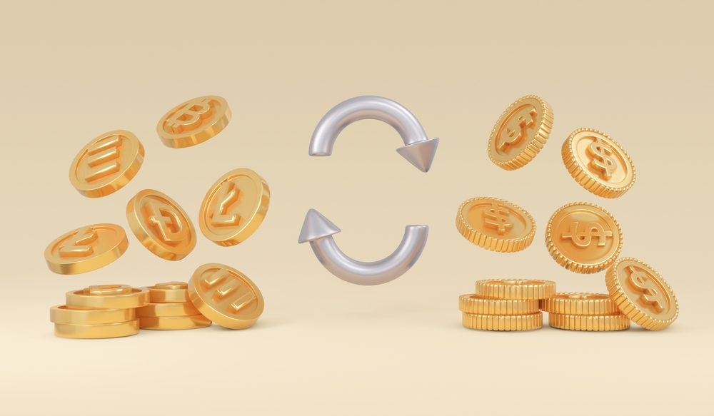 3d Rendering dollar coins and cryptocurrency coins concept of price exchange comparison fiat and digital currency.