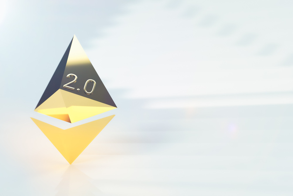 3D illustration with a model of the Ethereum sign version 2.0 on a light background. Empty space for information or graphics.