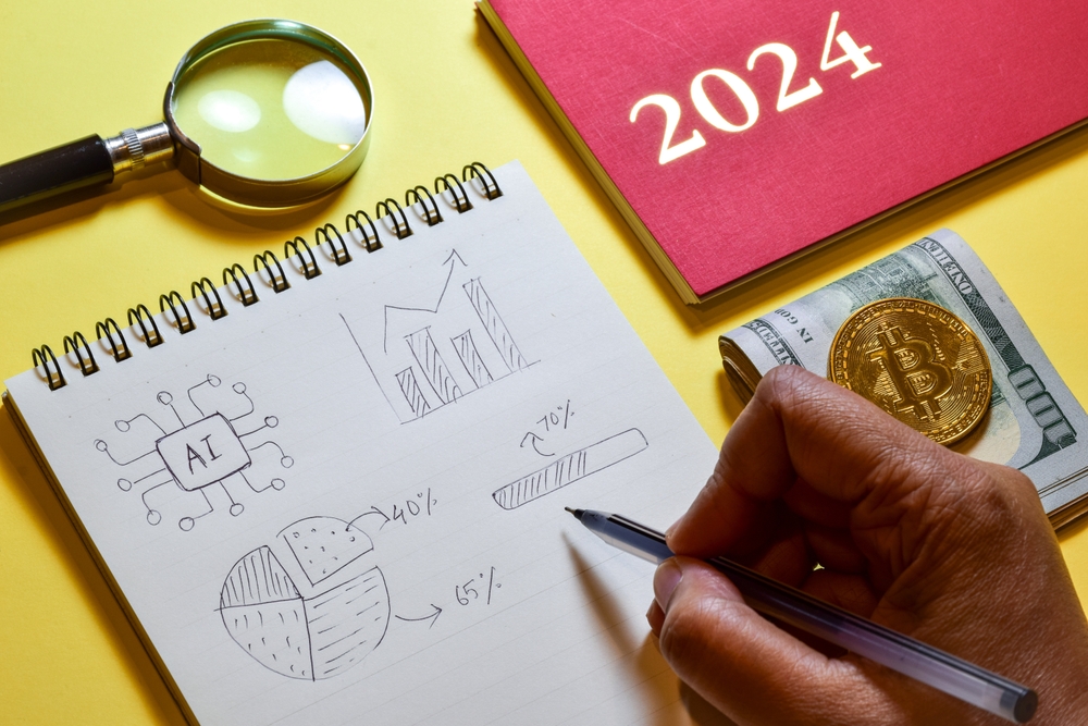 2024 stock market digital currency artificial intelligence growth predictions concept on notepad.