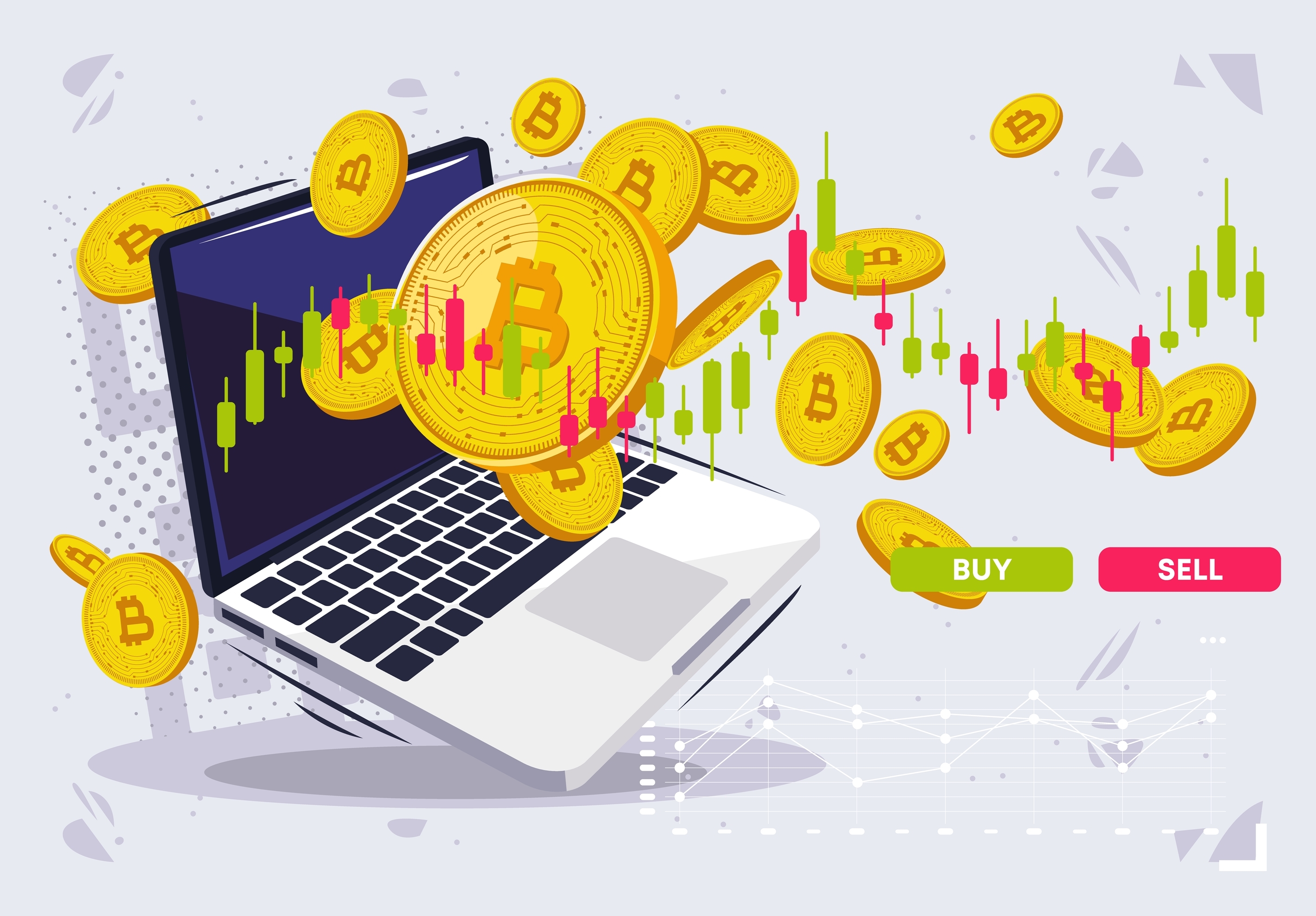 laptop with an exchange chart of sales and purchases of financial assets with gold coins of cryptocurrencies
