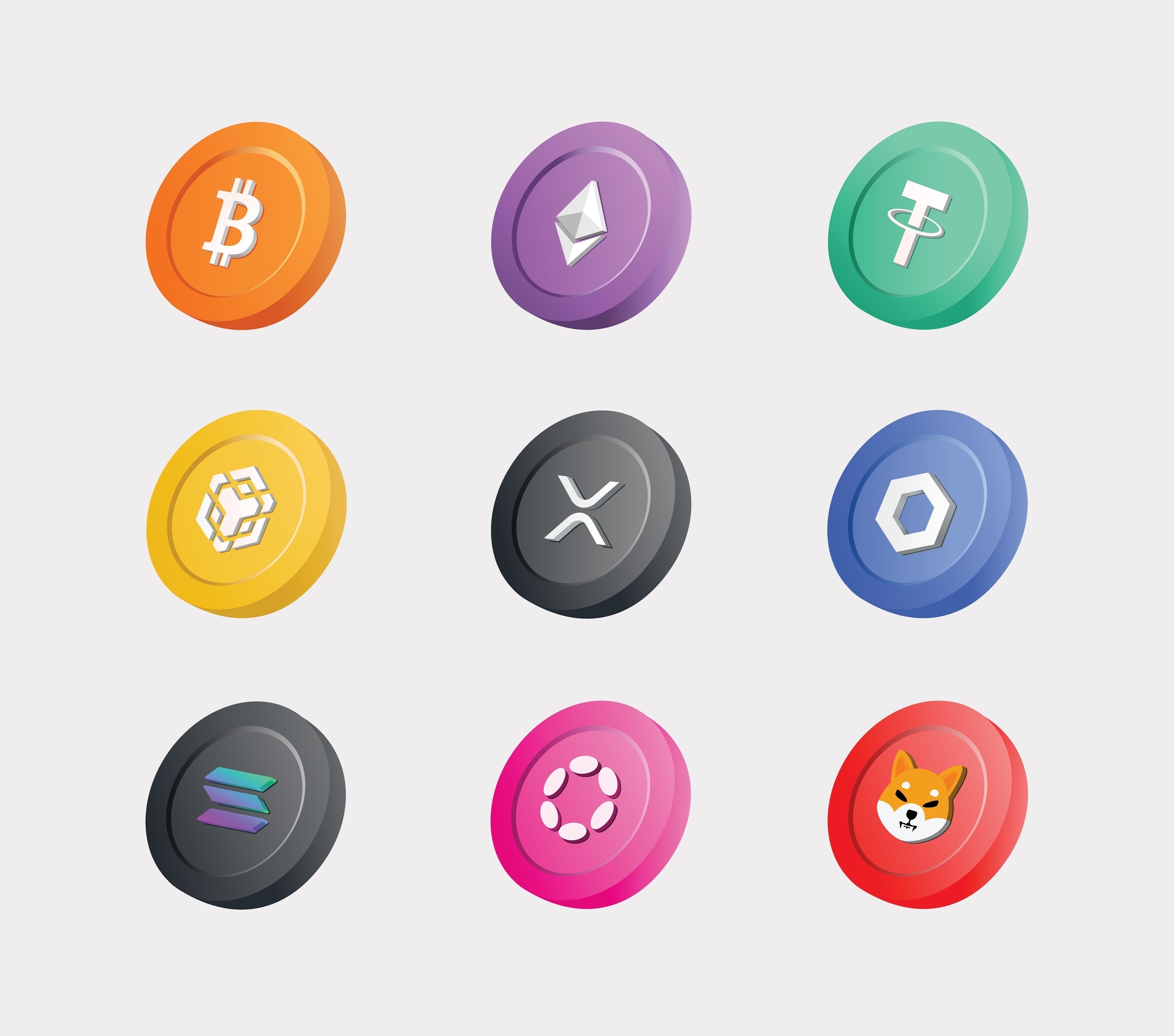 3d illustration of cryptocurrency coin set