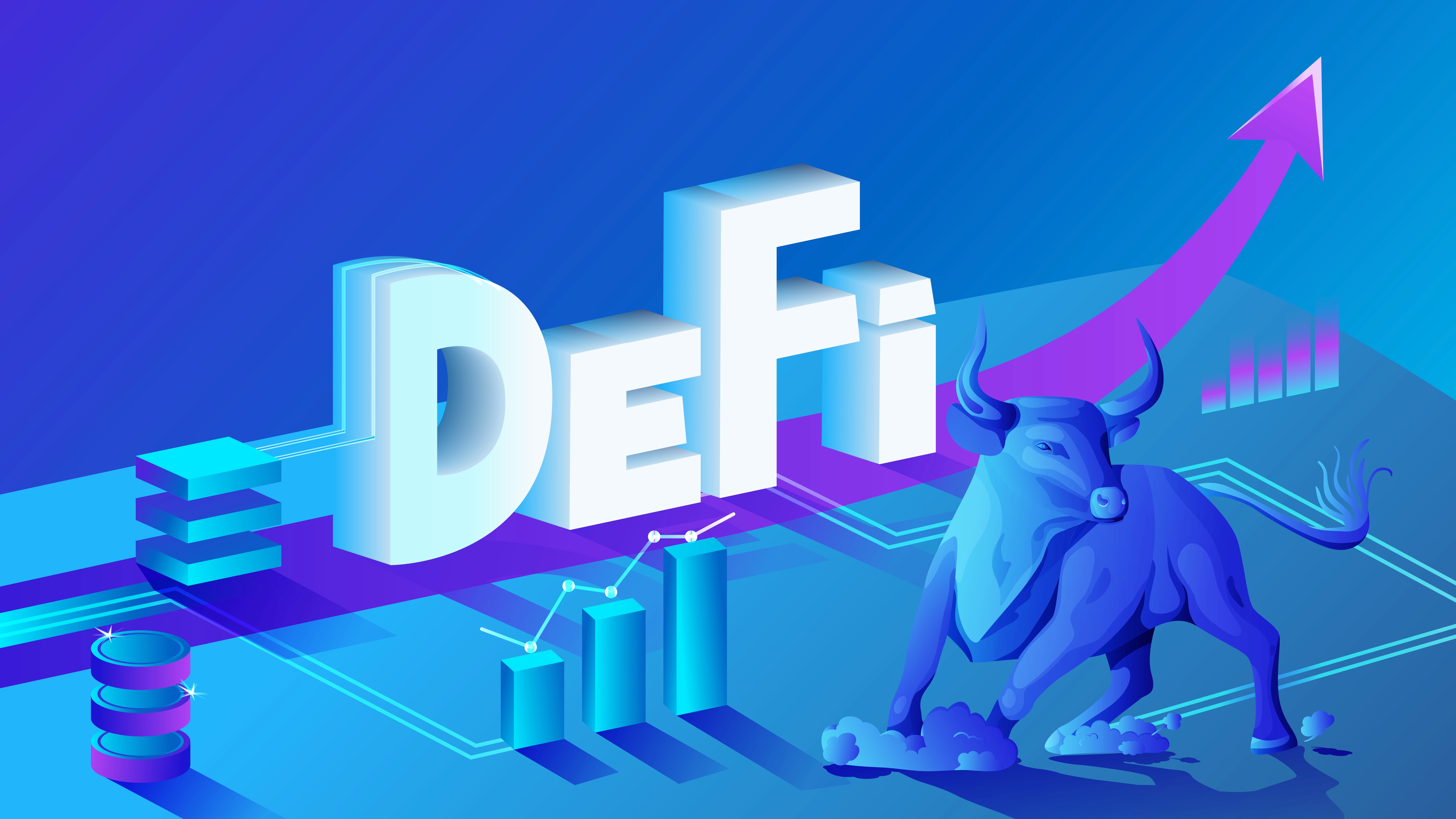 Vector illustration isometric composition of cryptocurrency and blockchain with decentralized finance defi and bull.