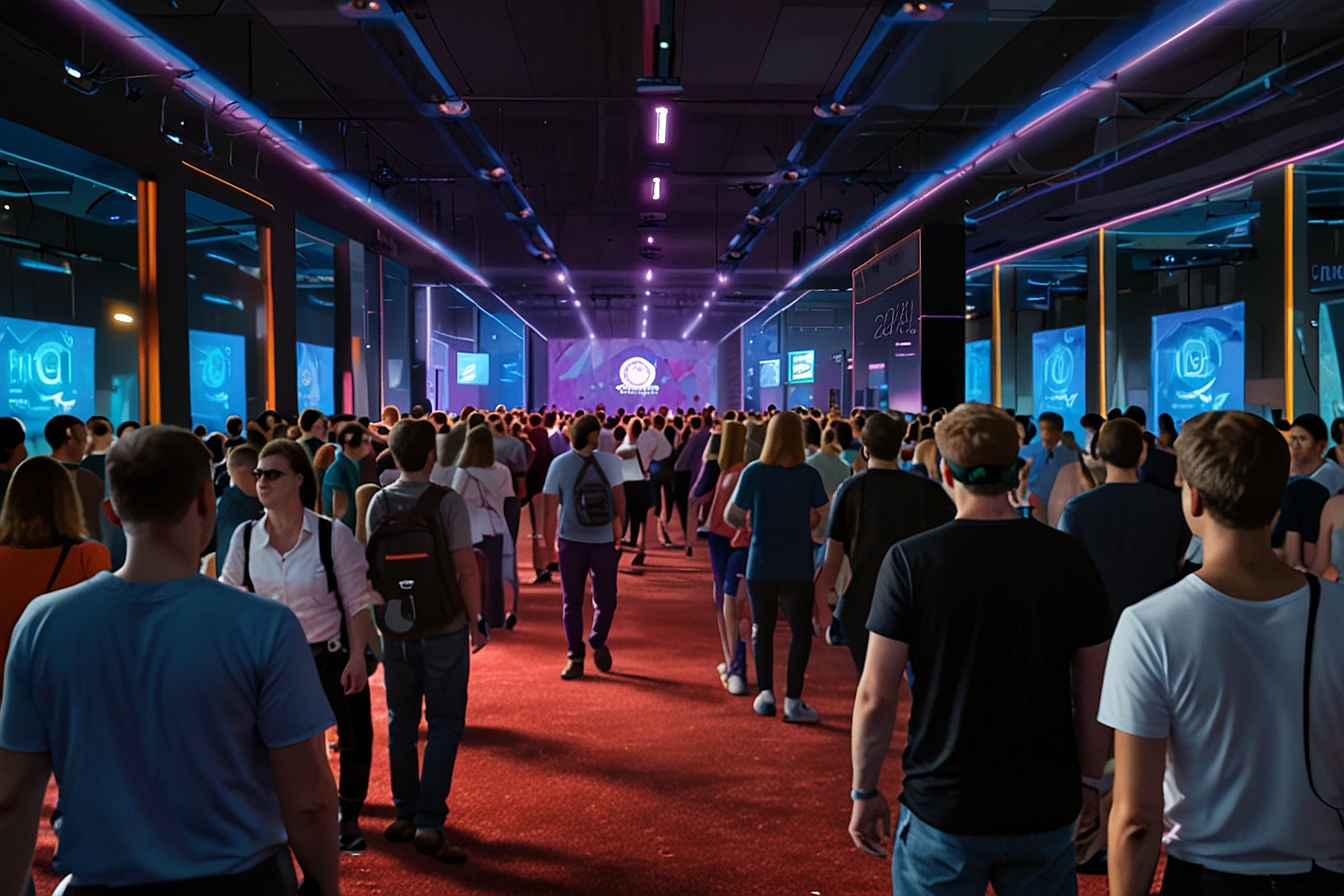 A bustling 2024 crypto conference floor with holographic displays of Bitcoin and Ethereum symbols