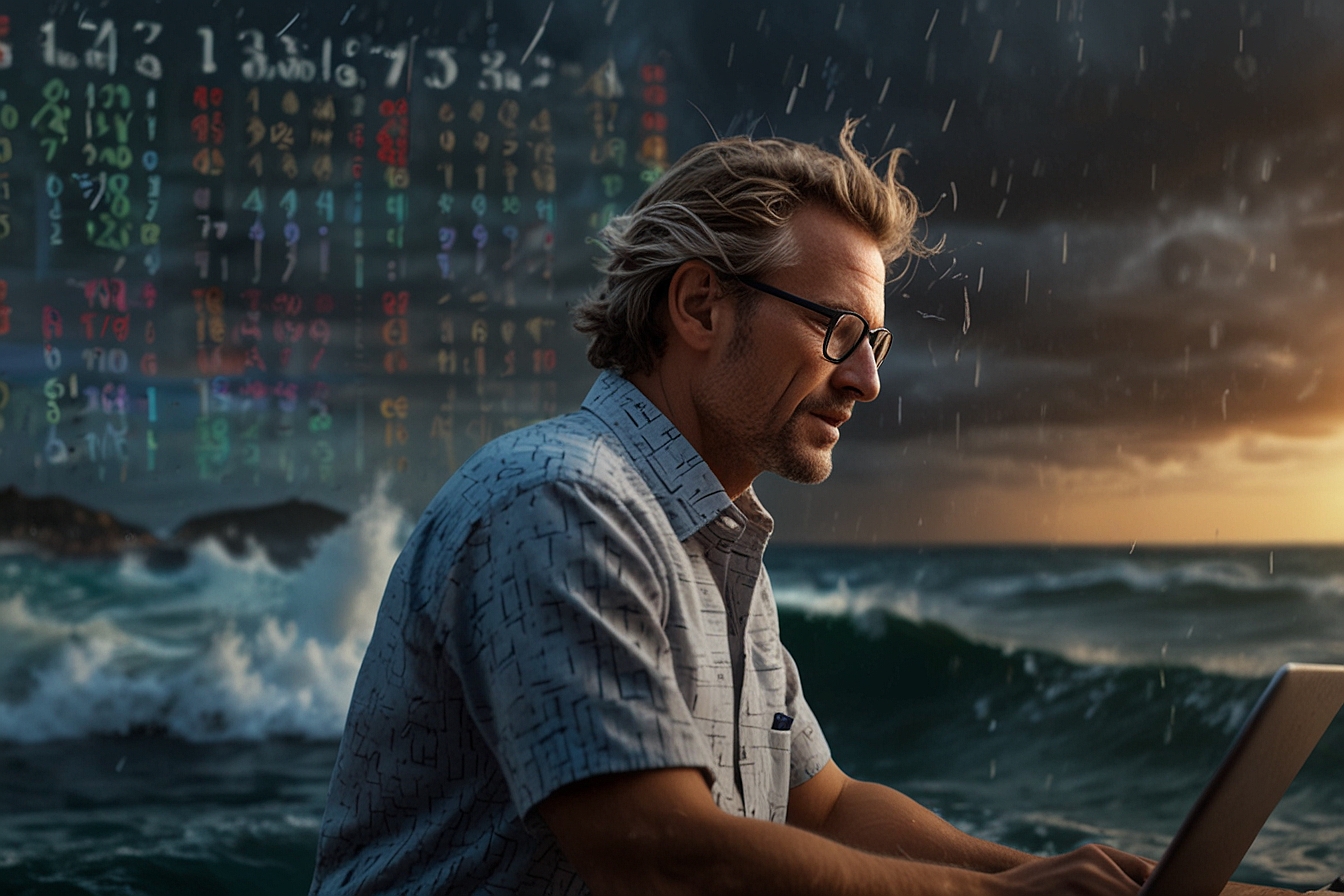 A frazzled investor surfing on a dynamic calendar scrolling fast, dates flying by