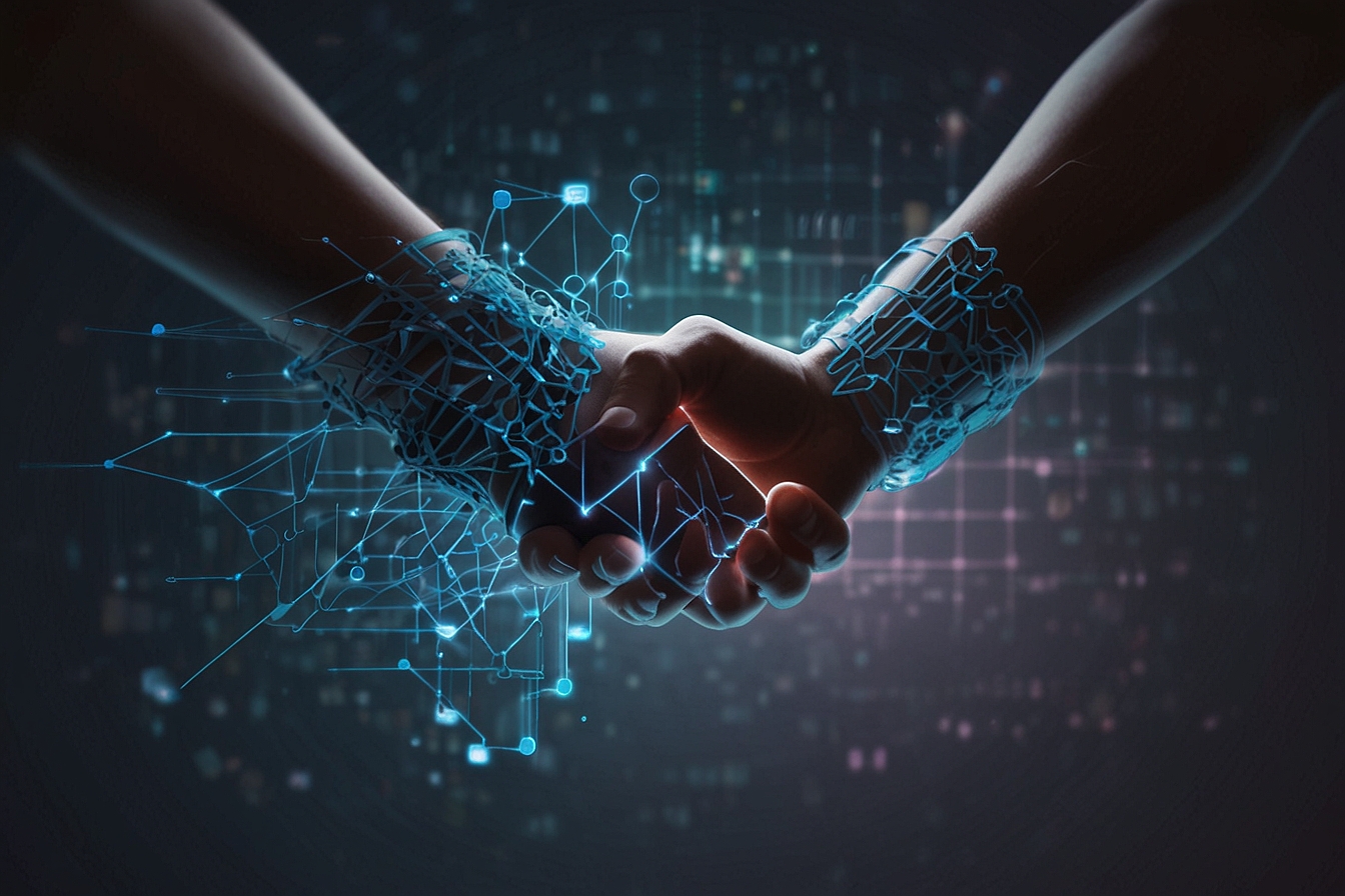 3D handshake between a cryptocurrency emblem and a social network logo, emerging from smartphones and intertwining over a blockchain base.