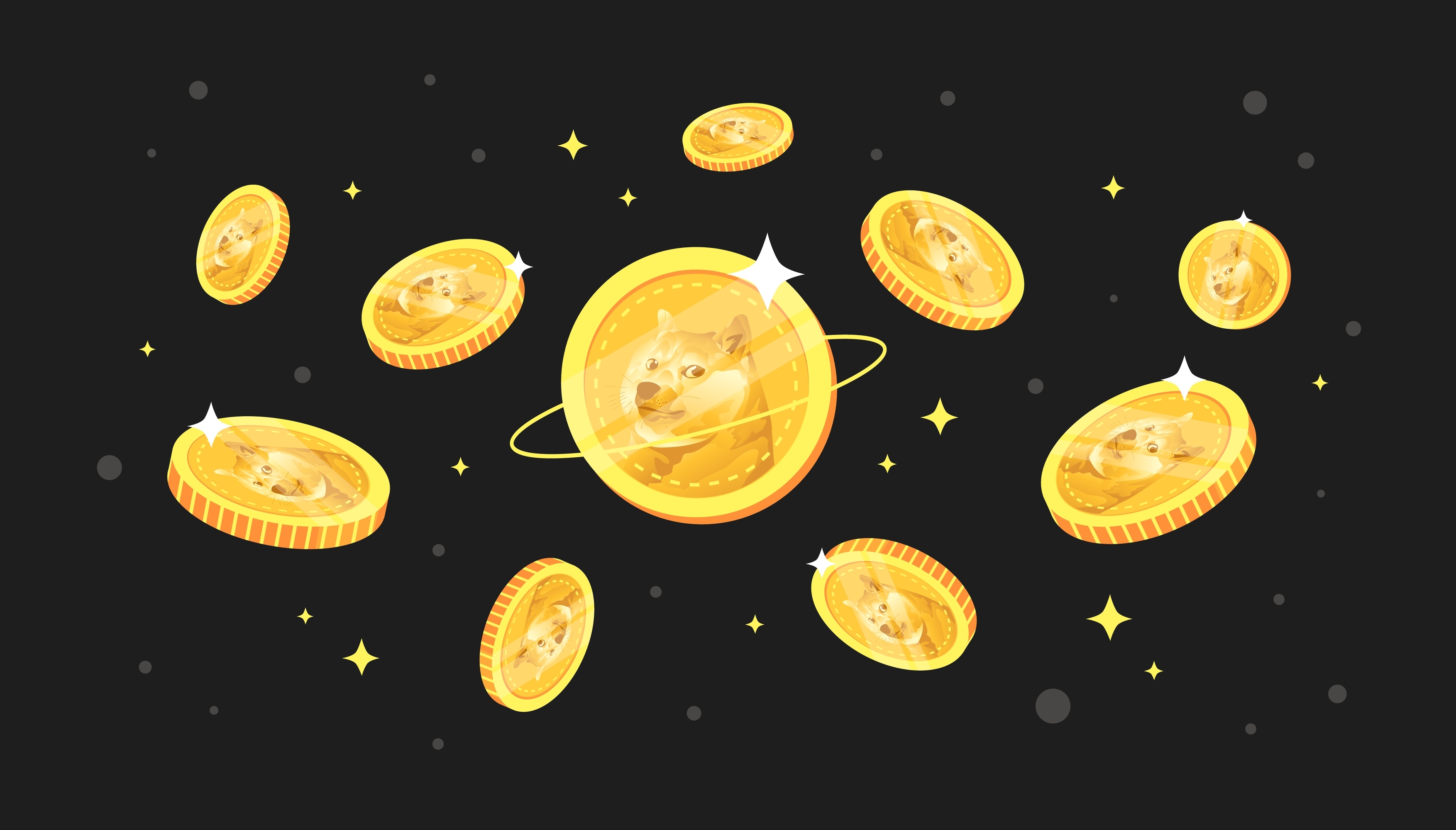 Dogecoin (DOGE) coins falling from the sky. DOGE cryptocurrency concept banner background.