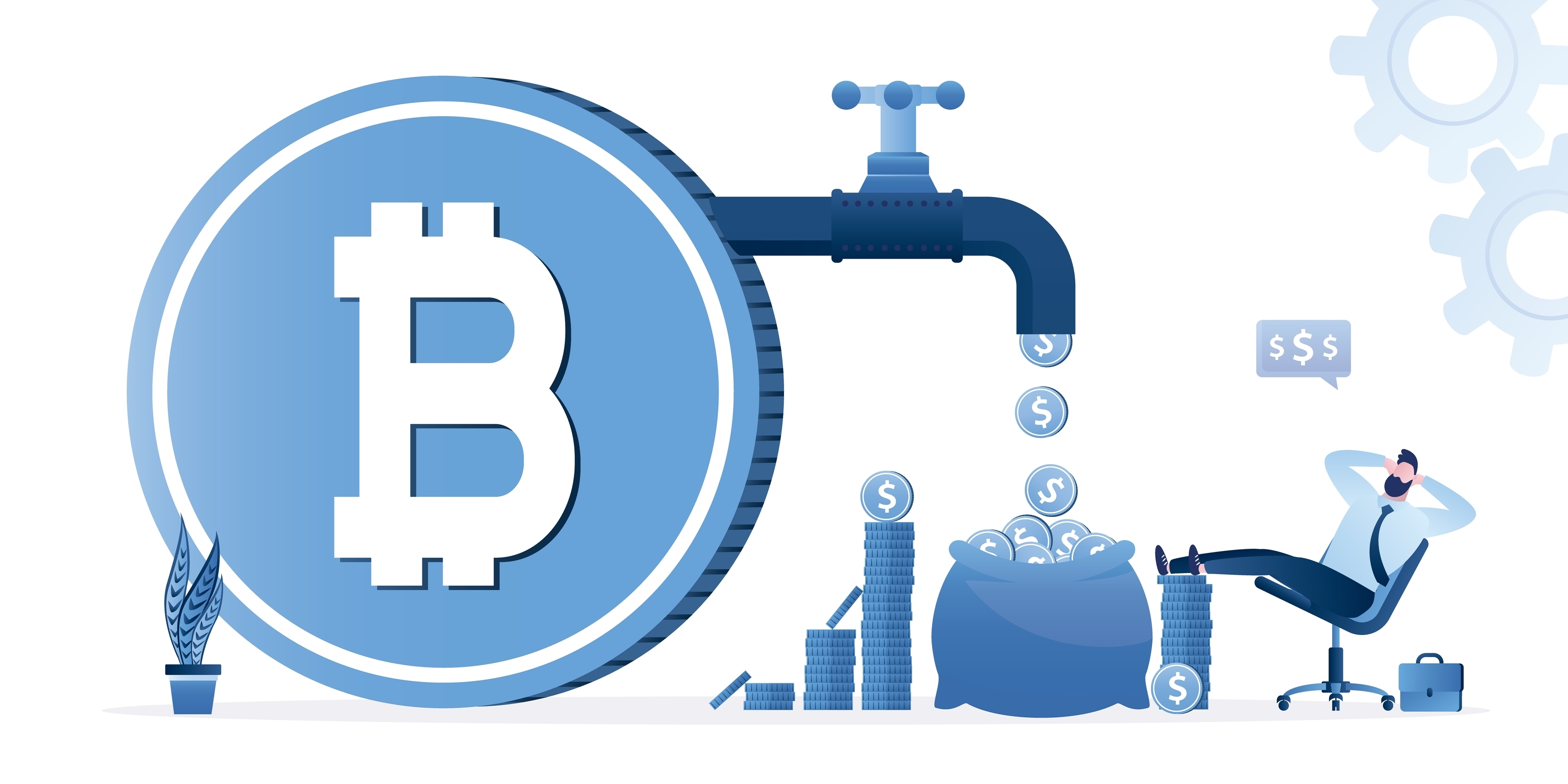 Relaxed businessman with profit from bitcoin trading. Huge cryptocurrency with pipeline and open tap, dollar coins fall from pipe.