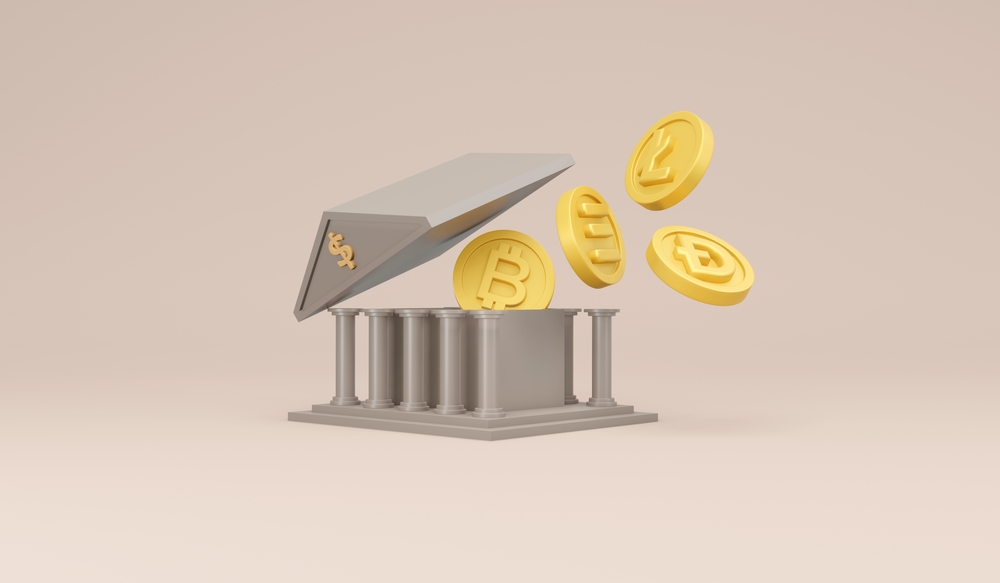 3D Rendering of Bank building icon roof open with crypto icon coin flying out from the building concept of Cryptocurrency Decentralized(DeFi) destroy traditional bank system.