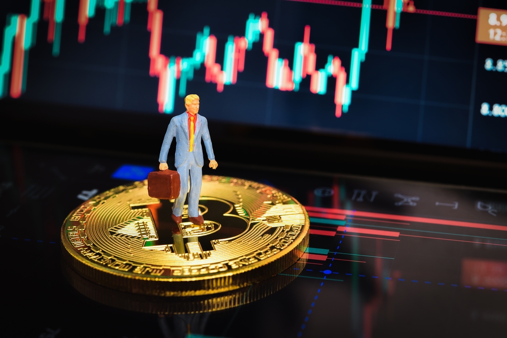 A mockup businessman standing on a bitcoin coin successfully running a cryptocurrency business.