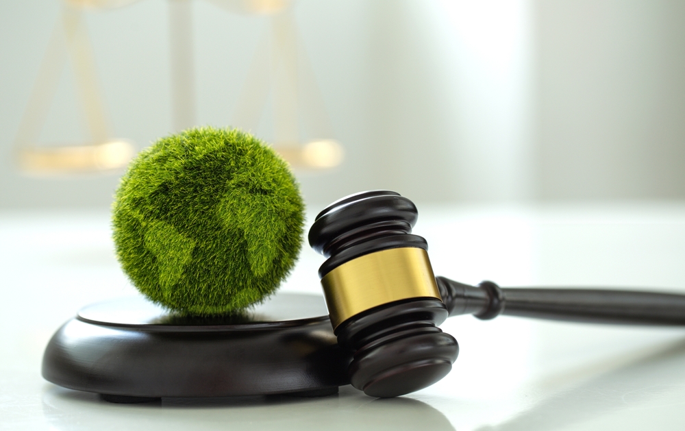 International Law and Environment Law. Green World and gavel with scales of justice.
