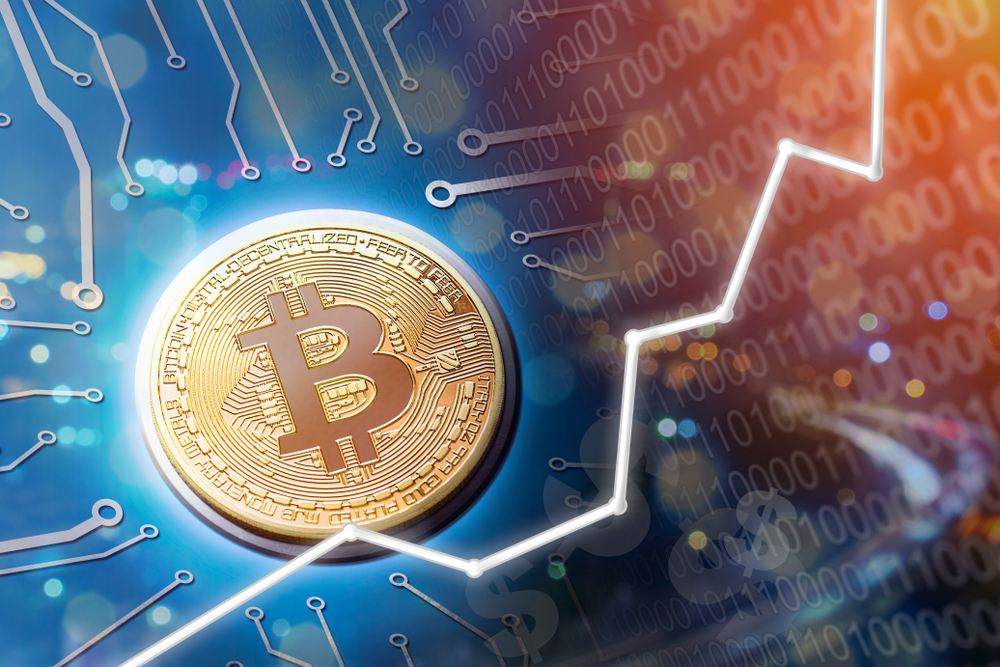 Bitcoin value rising and financial investment upswing. Rising on upswing for profits and trading USD.