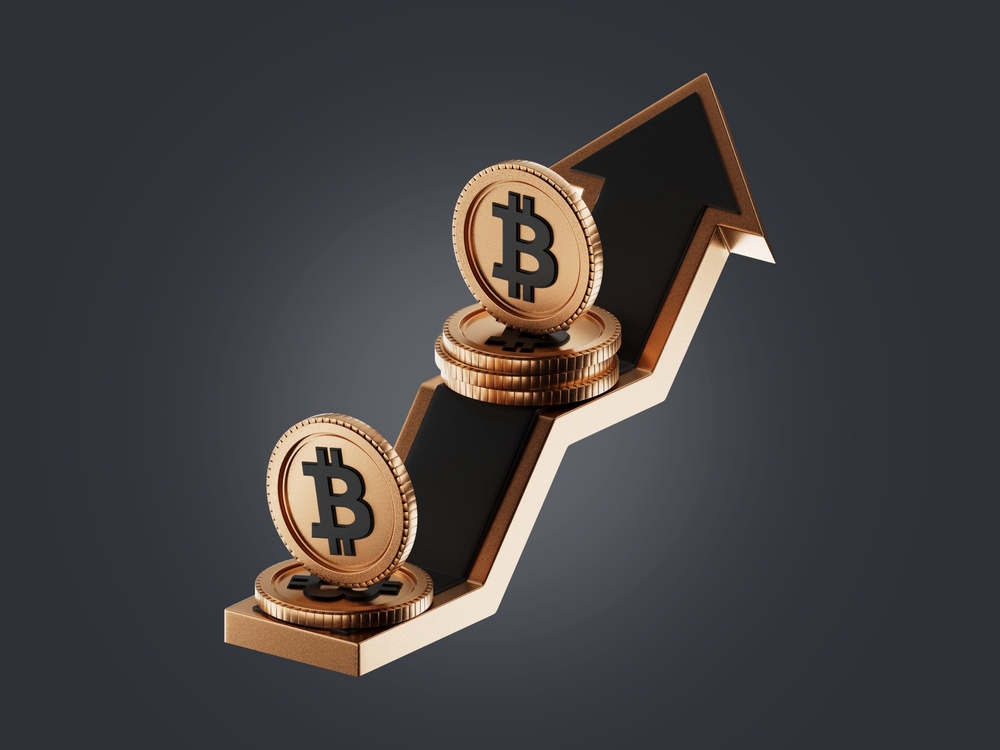 3D icon showcases Bitcoin coins and an arrow depicting consistent growth, symbolizing the upward trajectory, potential profitability of cryptocurrency investments.