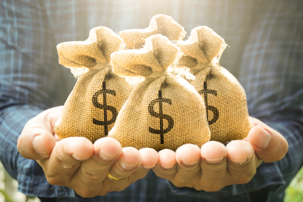 Money bags in man hand show savings money and savings to buy a home or buy real estate or car.