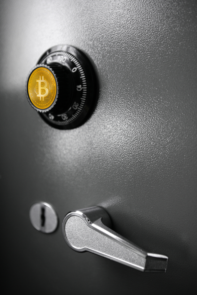 Bitcoin BTC safe steel box currency safety concept metaphor