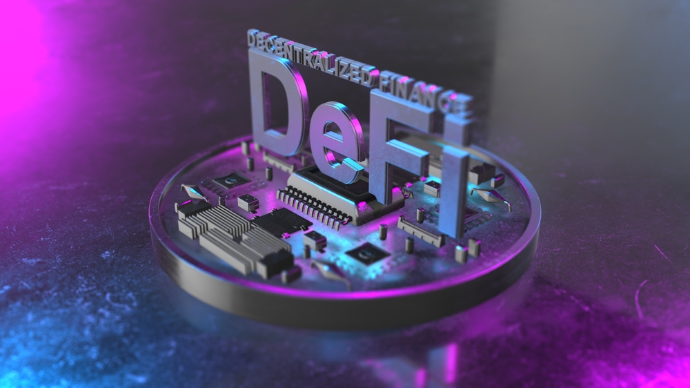 DeFi Decentralized Finance is a blockchain based form of finance - Conceptual 3D Illustration Rendering