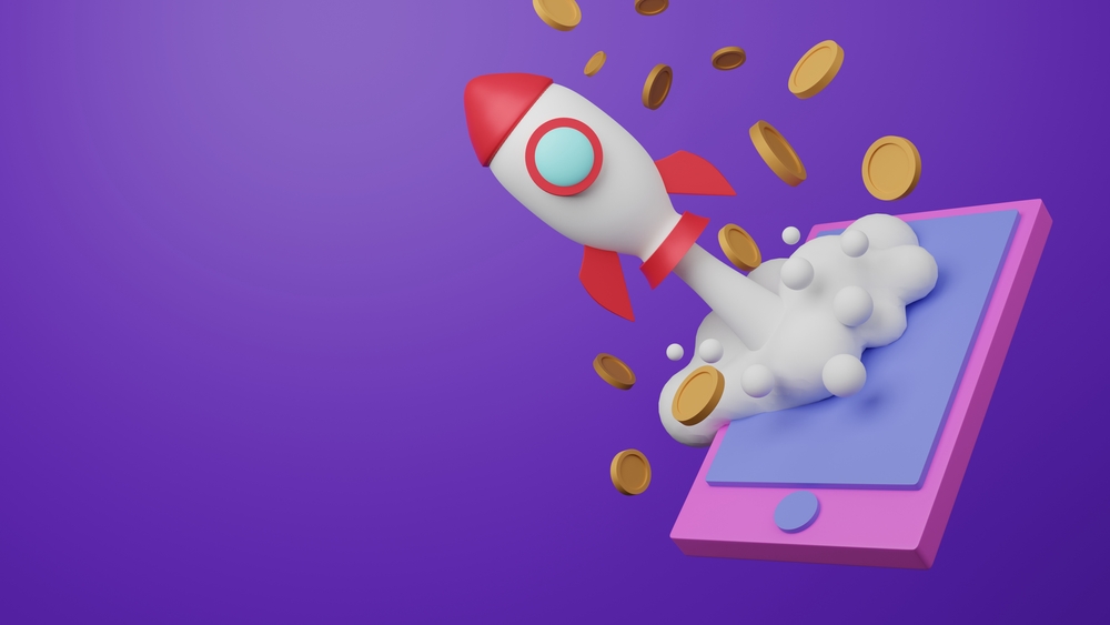 3d Illustration rendering rocket to the Moon. Cryptocurrency startup Nft