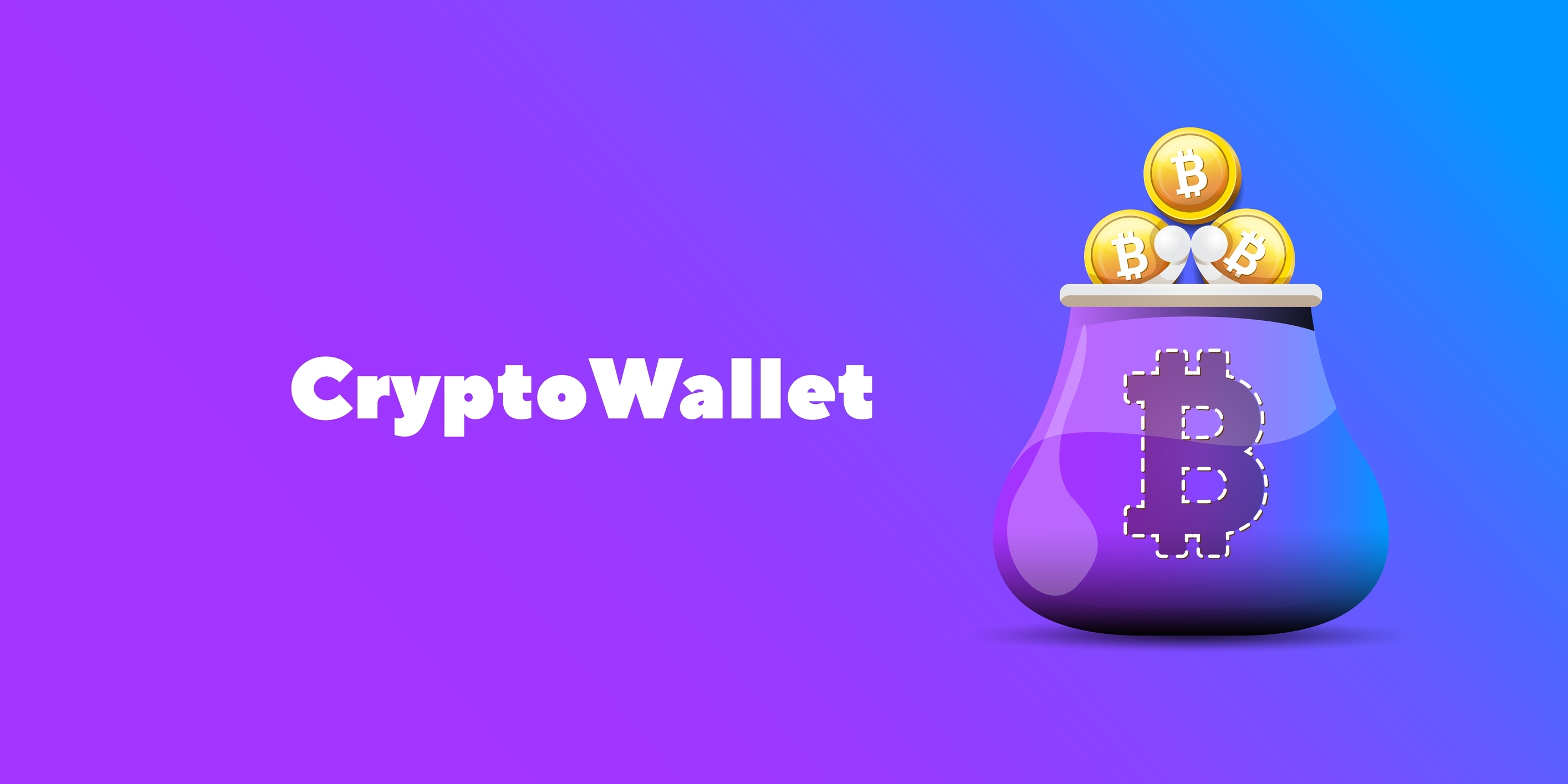 Cryptocurrency wallet concept illustration with wallet and crypto coins isolated on violet background.