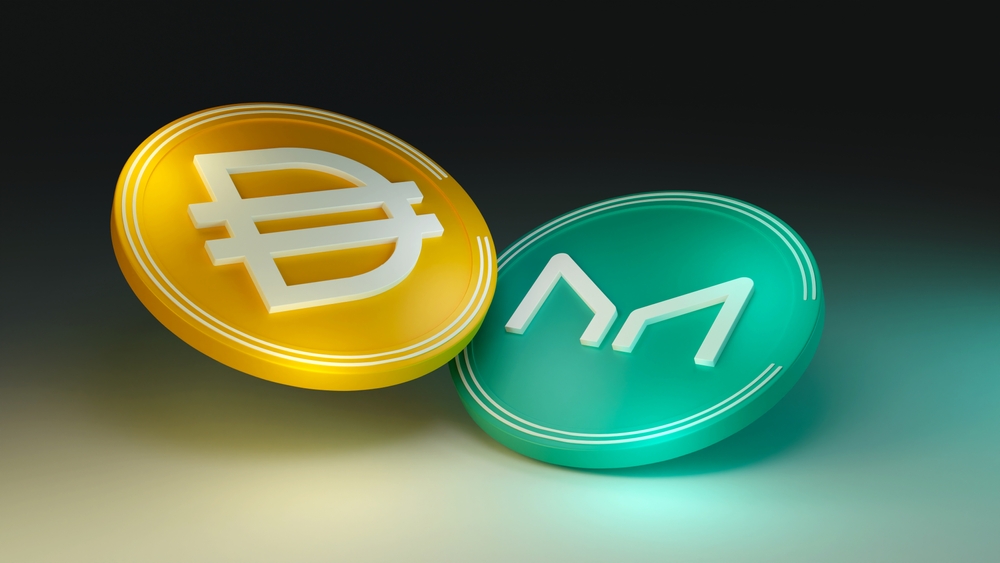 MakerDAO token and DAI coin. MKR. 3D render. Dark background