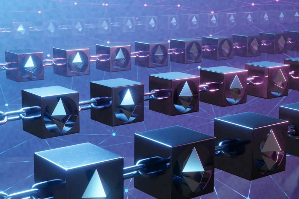 Ethereum symbol in chained metallic boxes on glowing mesh background. 