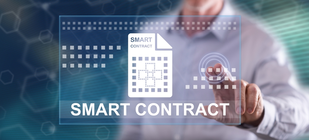 Man touching a smart contract concept on a touch screen with his finger