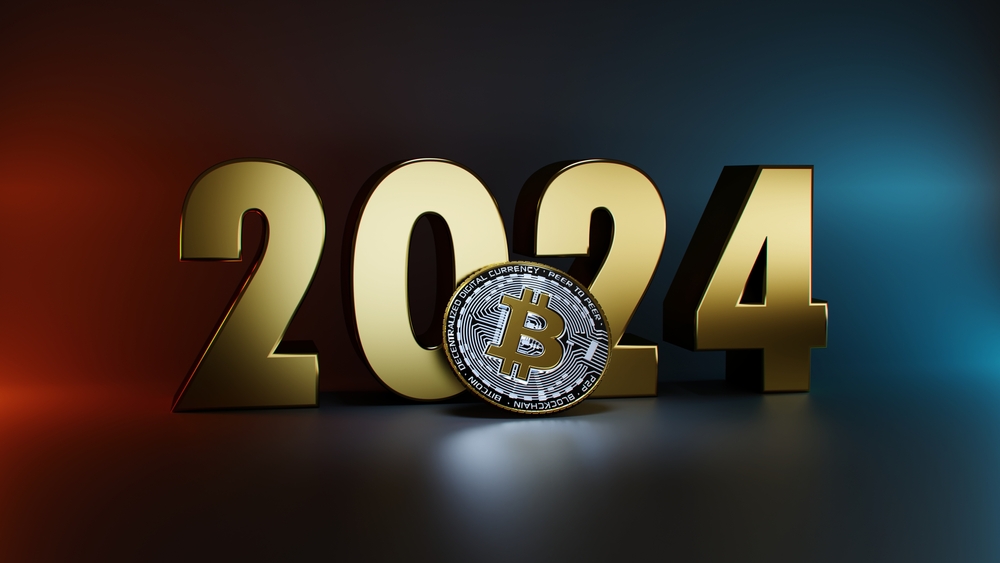 3D illustration to depict Bitcoin currency in context with the year 2024.