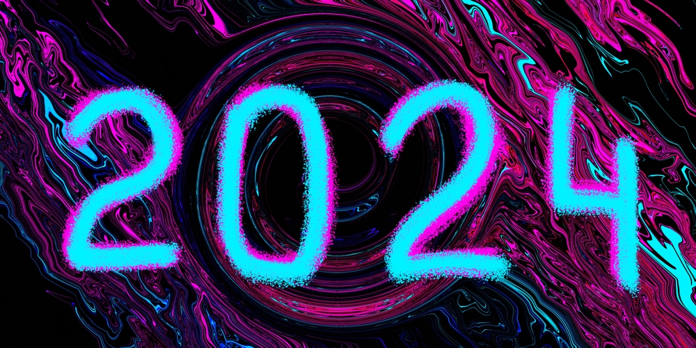 Bright glowing neon light blue 2024 hand drawn grunge text on purple pink wavy black background. Abstract liquid wave. Art trippy glitch backdrop. Creative flyer. Wallpaper. NFT. Luxury swirl texture.