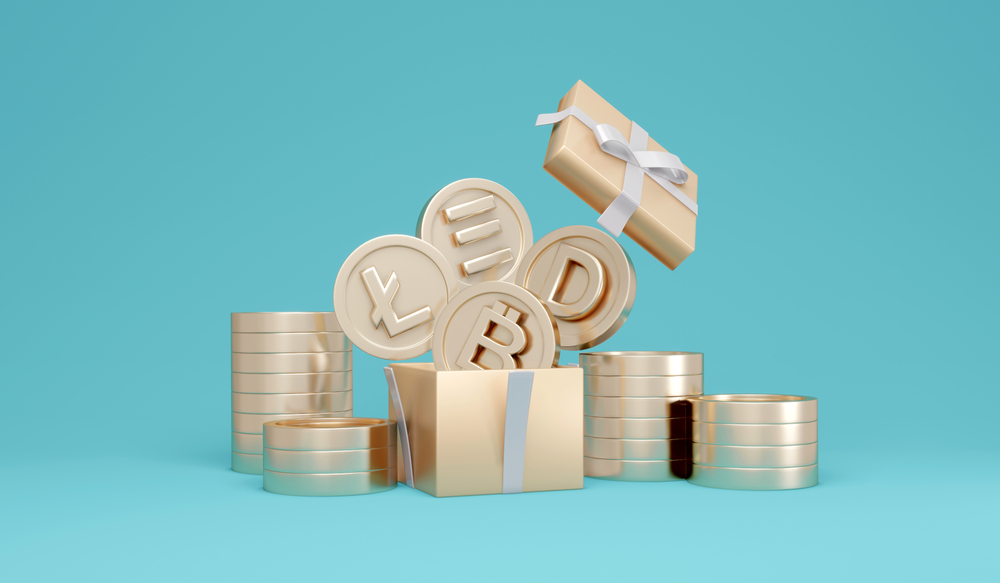 3D Rendering concept of cryptocurrency. Cryptocurrency symbols on coins explode out from gift box on background. 3D Render. 3d illustration. Minimal idea style. Bitcoin, Ethereum, Dogecoin, litecoin.