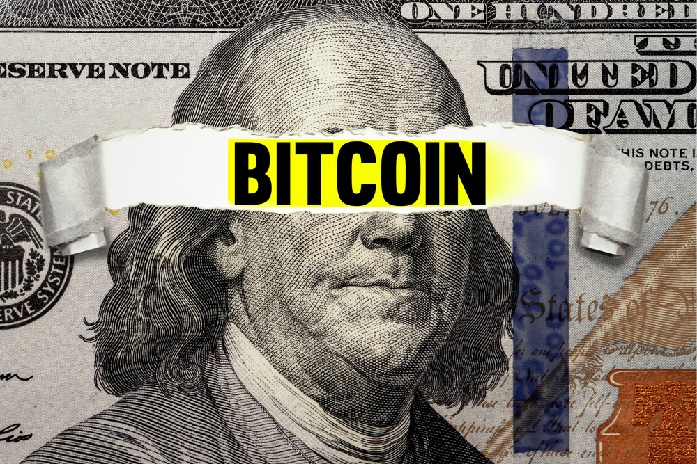 Torn bills revealing BITCOIN words. Ideas for blockchain technology and traditional currency, Stable Currency, digital currency, U.S. Dollar coin, centralized stable coin, Defi, and alternative dollar