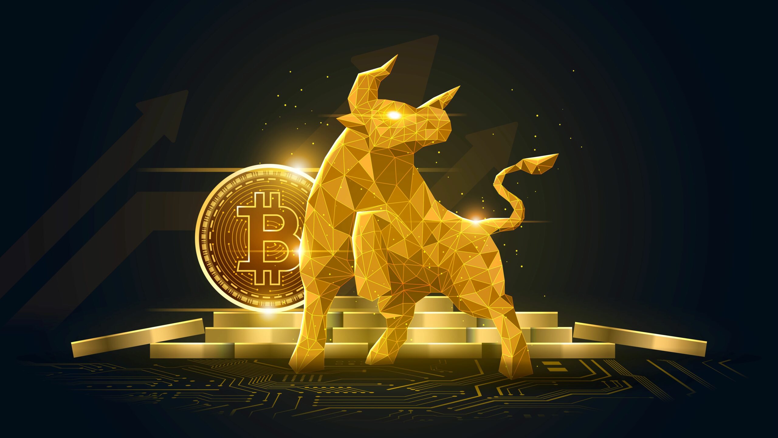 Bullish trend of Bitcoin crypto currency in golden futuristic concept