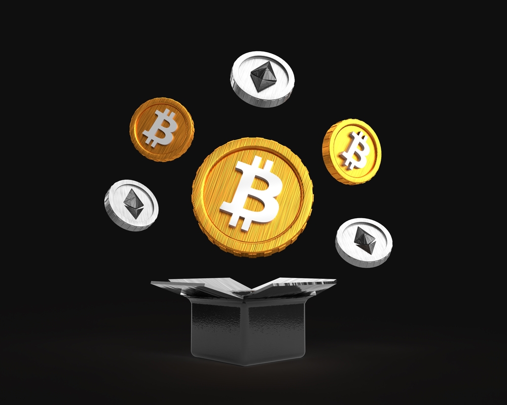 gift money bitcoin with black isolated background. Gift box with bitcoin symbol, 3d rendering.