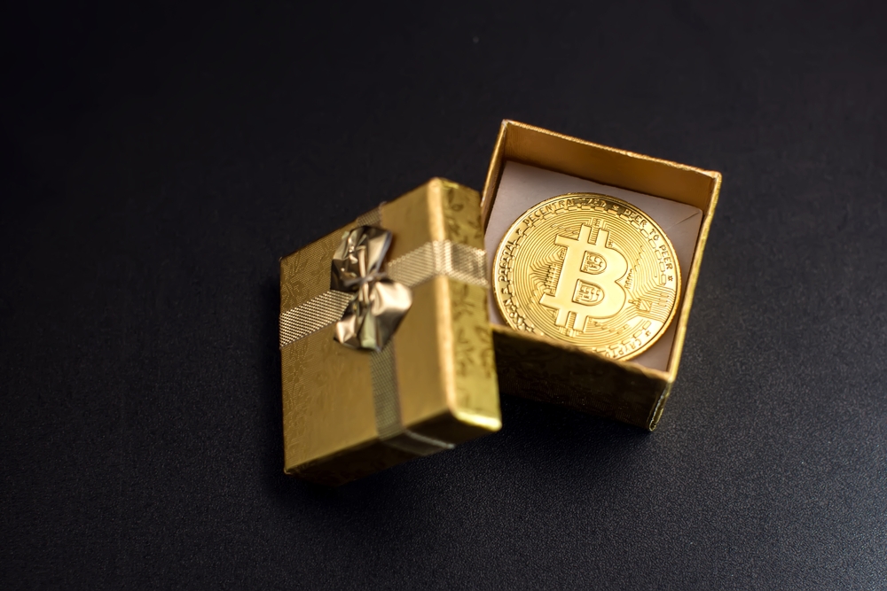 Bitcoin golden coin in a gift box the concept of crypto currency the best gift