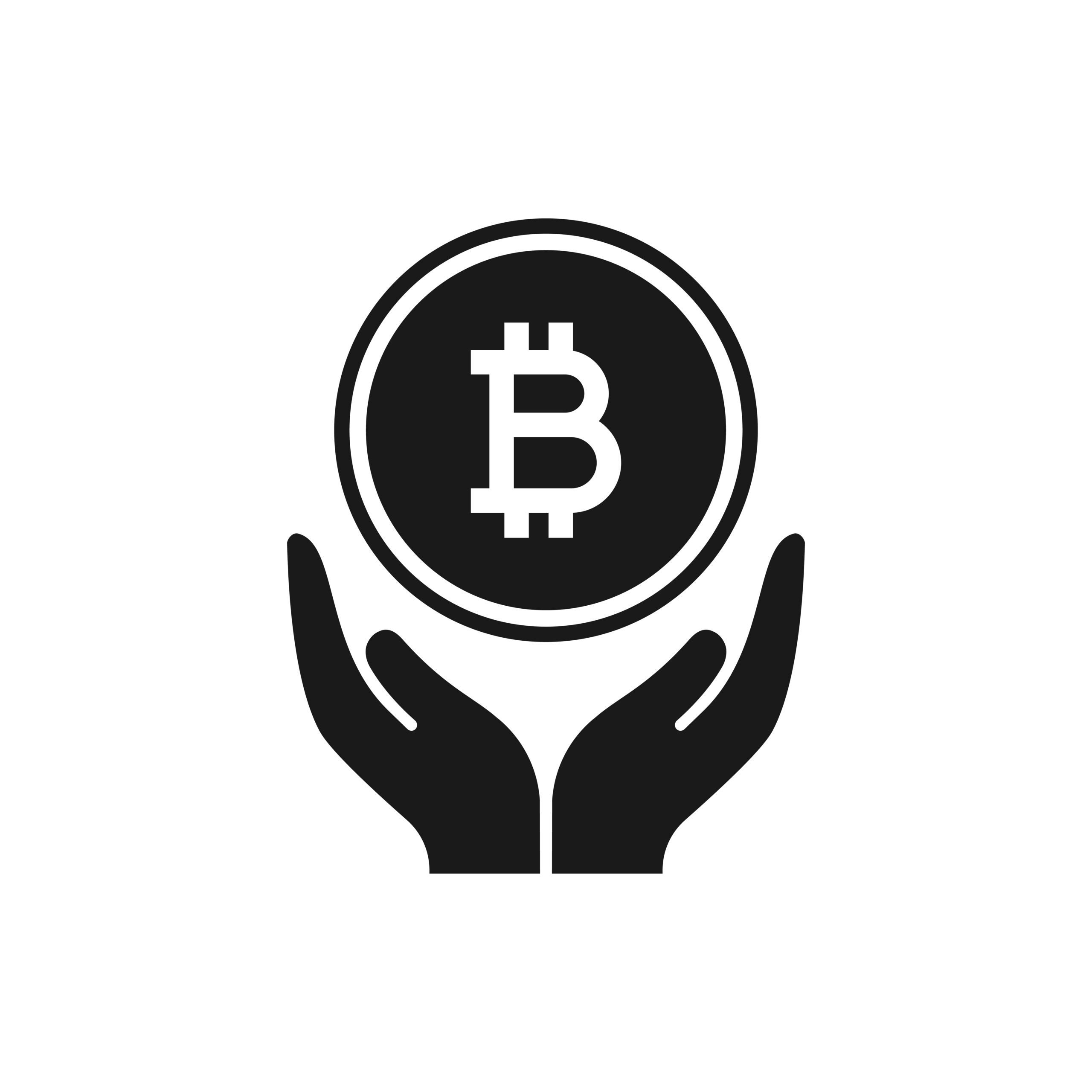 Bitcoin coin on hand. Investment, earnings, income, donation icon flat style isolated on white background. 