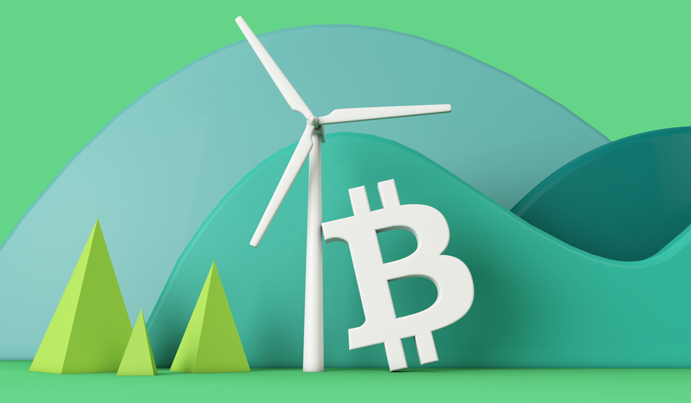 Bitcoin with a wind turbine in a green eco landscape. 3D Rendering