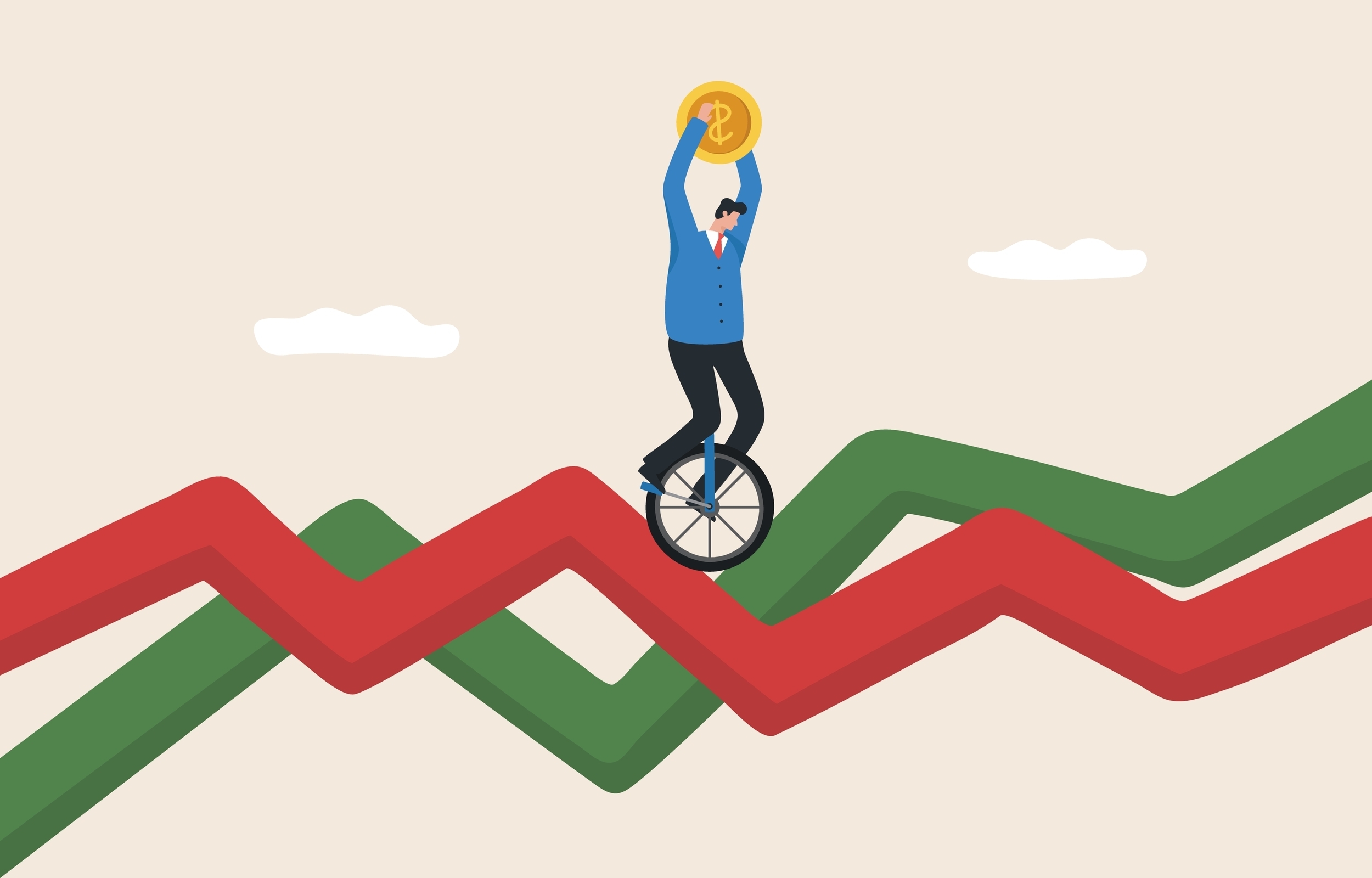 Protect your funds from stock market or crypto currency volatility. Economic crisis or inflation. Volatility up and down graph. Businessman riding a unicycle on a stock chart.