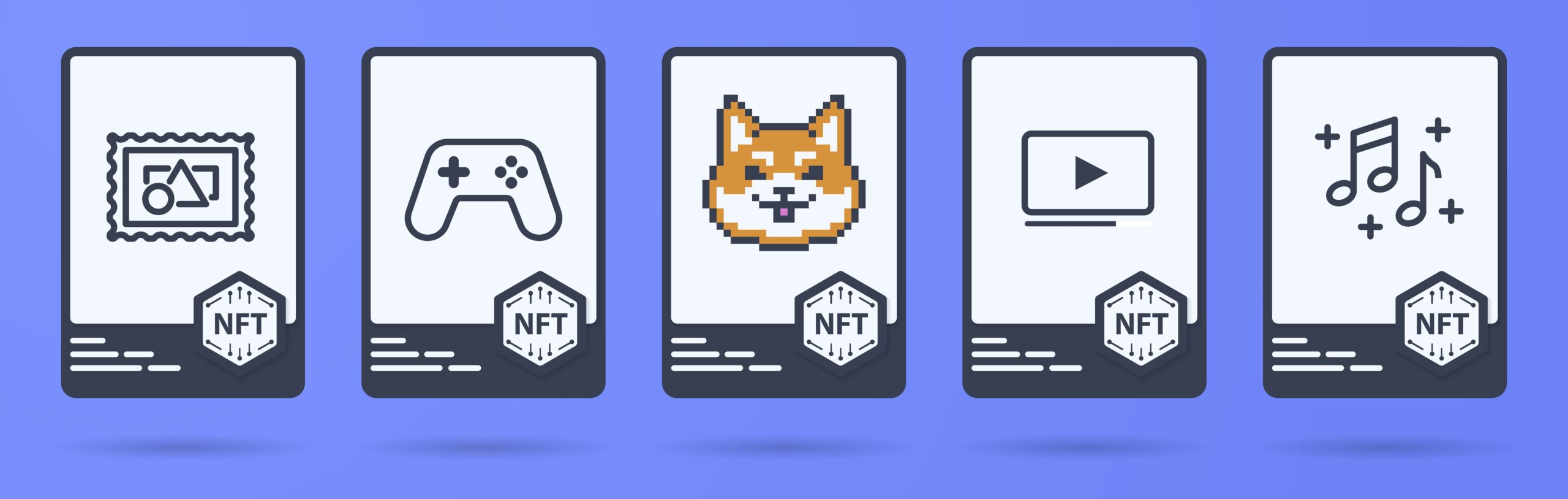 Set of NFT cards with crypto objects of art, sports, music, video, games items.