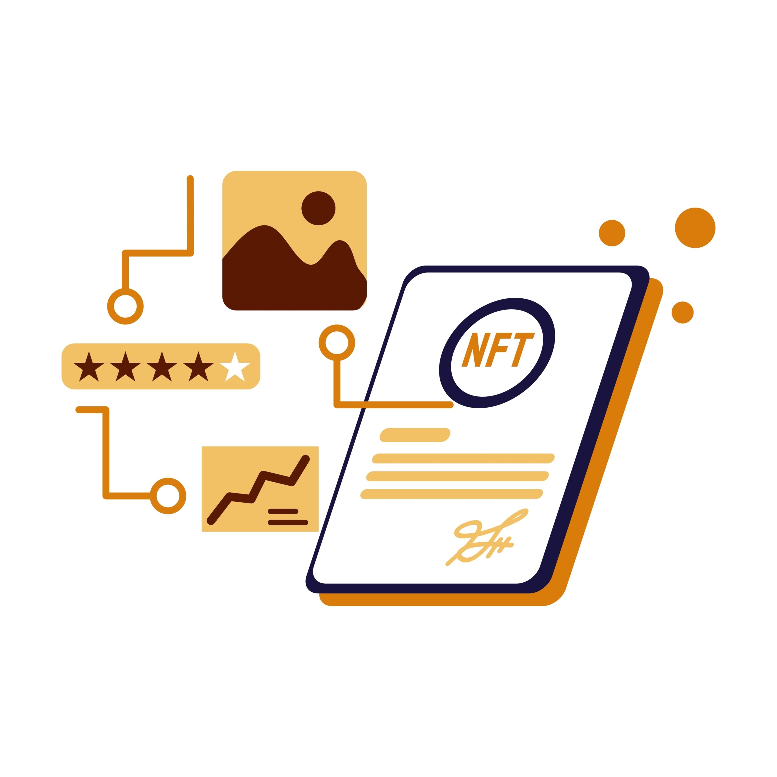 nft token flat Illustration cryptocurrency exchange concept coklat, yellow, orange color, Hand Drawn style , perfect for ui ux design, website, branding projects, iklan, social media post